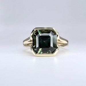 Asscher cut olive green sapphire engagement ring 14k solid gold, Bezel sapphire wedding ring, unique solitaire bezel set promise ring, #7860