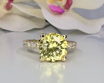 Round Yellow Sapphire Engagement Ring 14K White Gold, Yellow Sapphire Solitaire Engagement Rings, Unique Vintage Yellow Sapphire Rings #7233