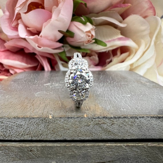 Three Stone Round Halo Diamond Engagement Ring White Gold Vintage Style Round Engagement Ring Halo Setting Past Present Future Rings 4059 Etsy