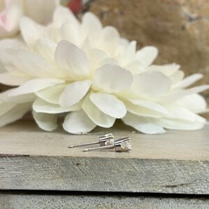 May include: A pair of silver stud earrings with a small, clear gemstone in the center of each earring.