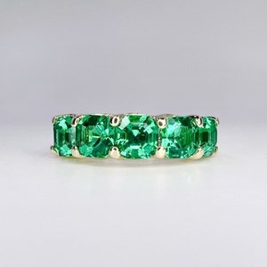Asscher cut green emerald five stone ladies band, 4.00ctw, 14k yellow gold # 6105