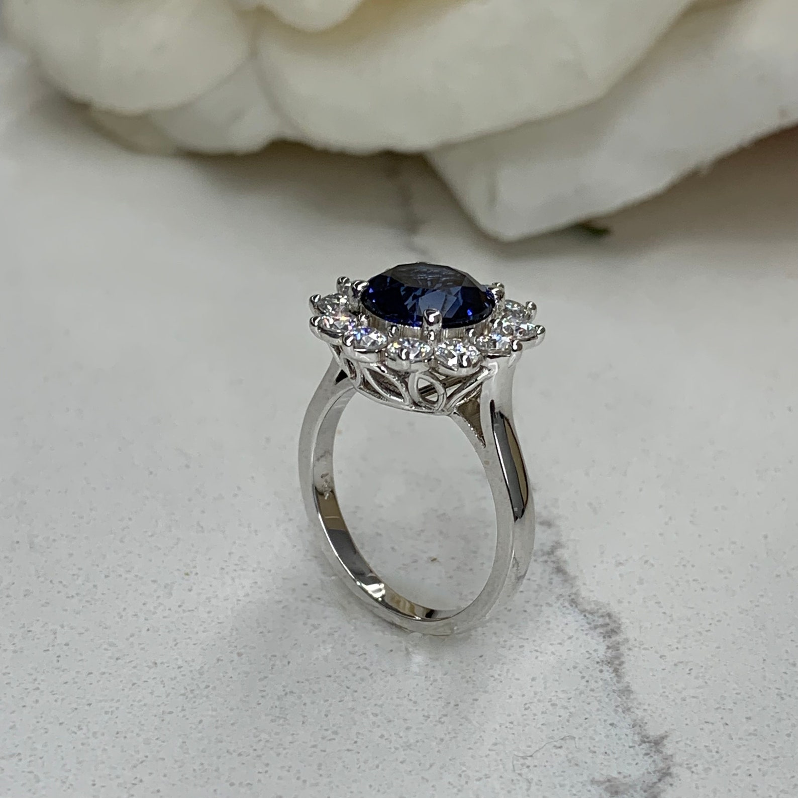 Blue Sapphire Engagement Ring 14K White Gold Moissanite Halo - Etsy