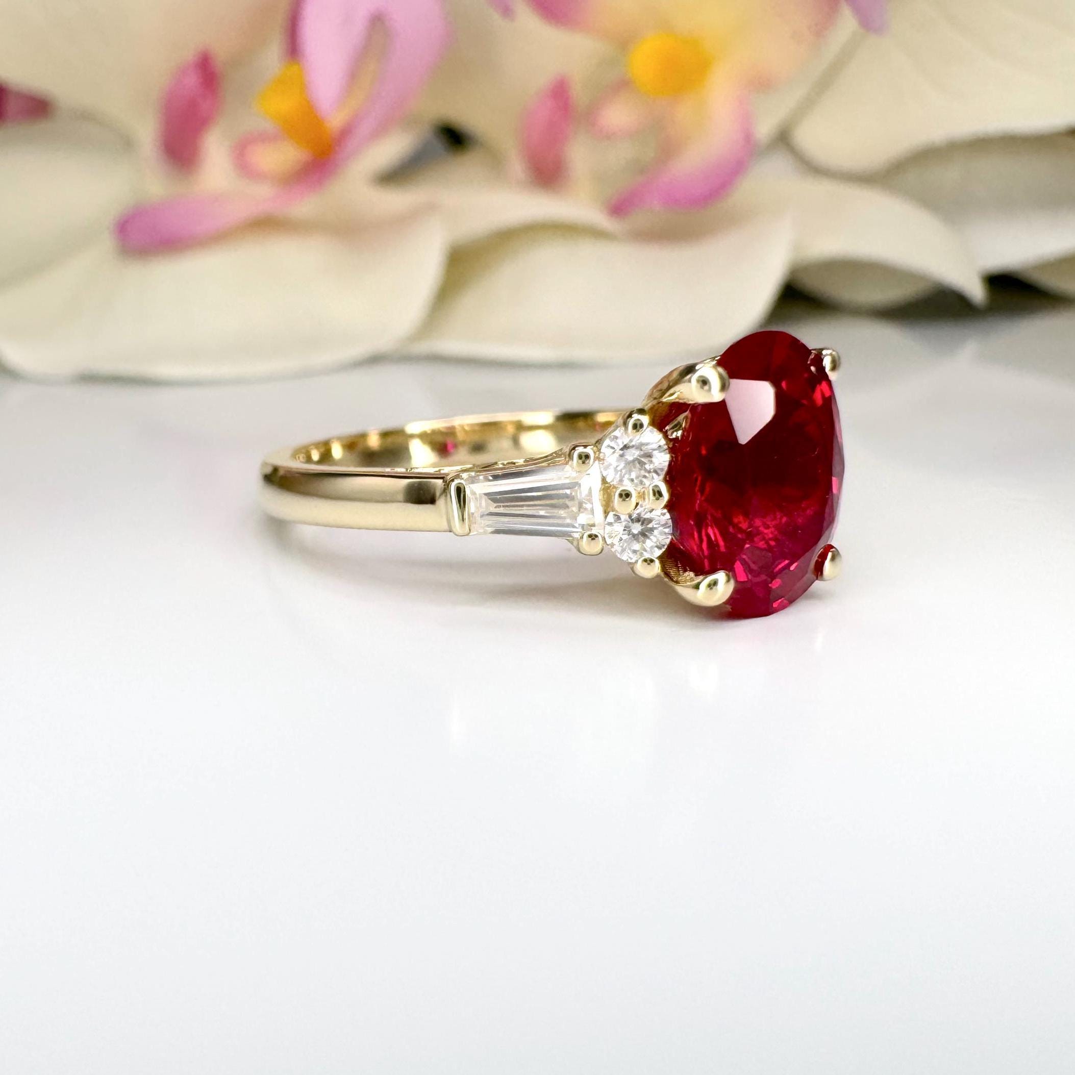 Oval Ruby and Lab Grown Diamond Engagement Ring 14K Solid Gold , July ...