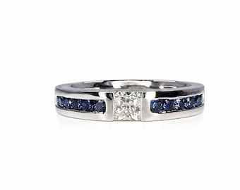 Mens Moissanite and Blue Sapphire Wedding Band 14K Solid Gold Mens White Gold Wedding Band, Wide Wedding Band, Blue Sapphire Mens Band #8183