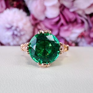 Vintage Round Emerald Solitaire Ring 14k Solid Gold, Unique Emerald Engagement Ring, May Birthstone Ring For Her, Simple Emerald Ring  #6227
