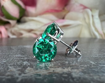 Round brilliant emerald earrings, 2.40ctw. stud earrings with screw backs 14k white gold #6878