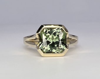 Bezel Set olive green sapphire engagement ring 14k solid gold | Half bezel green sapphire solitaire wedding ring | Promise ring | #8141