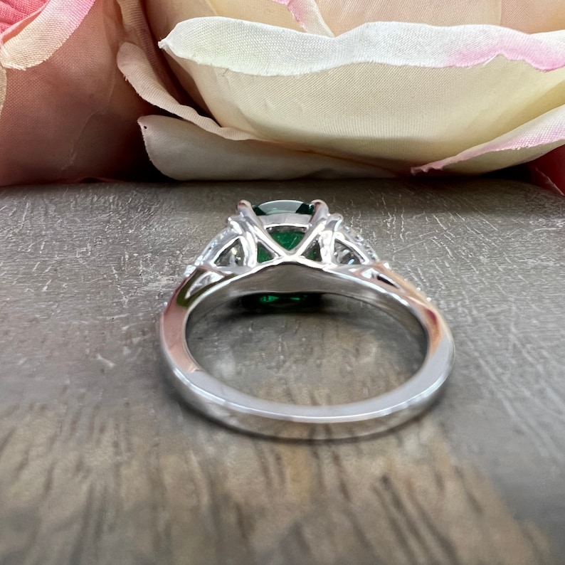 Cushion Cut Green Emerald Engagement Ring Three Stone Ring Etsy