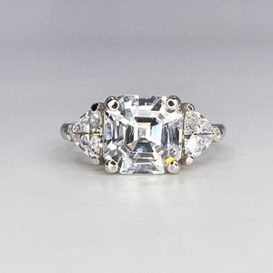 Asscher Cut Engagement Ring, With Trillion Accents, 3.00ctw, 14k Solid Yellow Gold, Moissanite Three Stone Asscher Cut Engagement Ring #4742