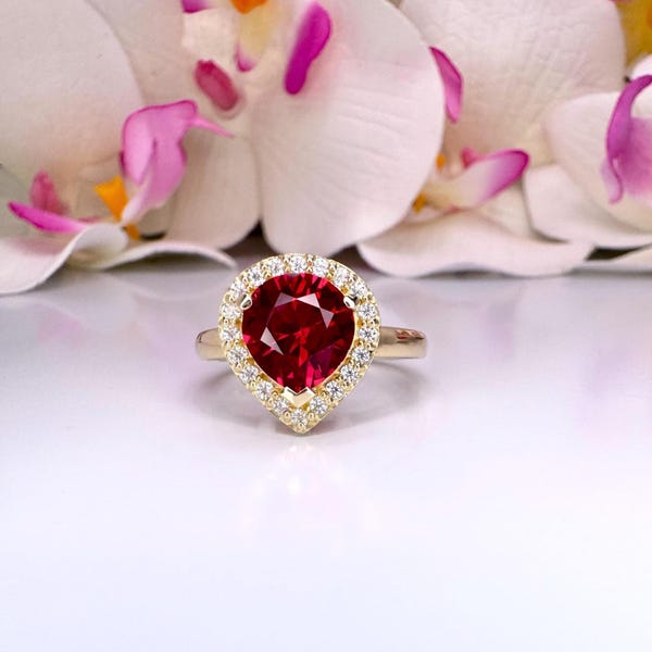 Anillo solitario con halo de rubí en oro macizo de 14 quilates, piedra natal de julio, anillo de compromiso con rubí en forma de lágrima, anillo sencillo con halo de rubí, rubí en forma de pera n.° 8102