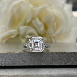 Moissanite Asscher Cut Engagement Ring In A Half Bezel Design And RoundvAccents In 14k White Gold  #6742 #6054
