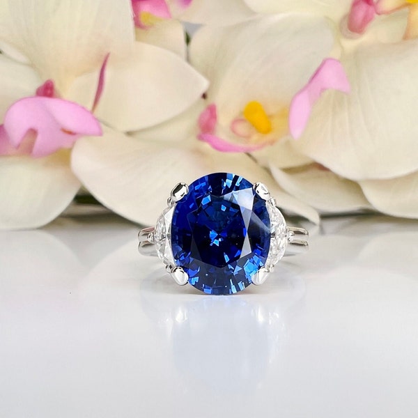 Oval Blue Sapphire Three Stone Engagement Ring 14K Solid Gold , September Birthstone Jewelery Gift For Her  Simple Blue Sapphire Ring  #8408