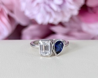1.75CTW Bezel Set Toi Et Moi Ring Pear Blue Sapphire and Emerald Cut Moissanite Engagement Ring, Two Stone Engagement Ring, Love Ring, #8673