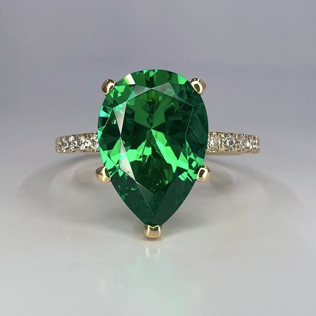 Pear Shape Emerald and Moissanite Engagement Ring, Green Emerald Pear ...