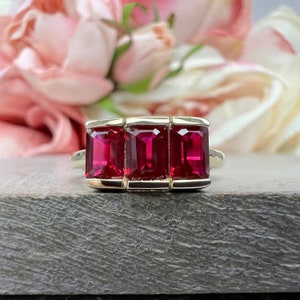 Three Stone Emerald Cut Ruby Mothers Ring Yellow/White Gold Unique Birthstone Ring Bezel Set Ruby Ring Women Lab Ruby Minimalist Ring #7441