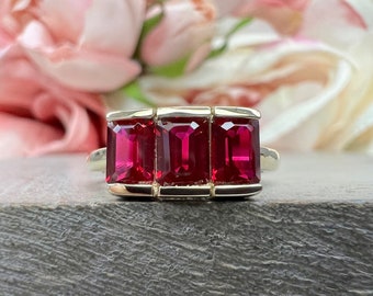Three Stone Emerald Cut Ruby Mothers Ring Yellow/White Gold Unique Birthstone Ring Bezel Set Ruby Ring Women Lab Ruby Minimalist Ring #7441
