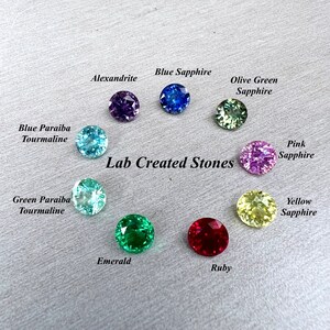 Puede incluir: Gemas creadas en laboratorio de varios colores, incluidos azul, verde, rosa, amarillo y rojo. Las piedras est&aacute;n dispuestas en un c&iacute;rculo con sus nombres escritos encima. El texto "Piedras creadas en laboratorio" est&aacute; escrito en el centro del c&iacute;rculo.