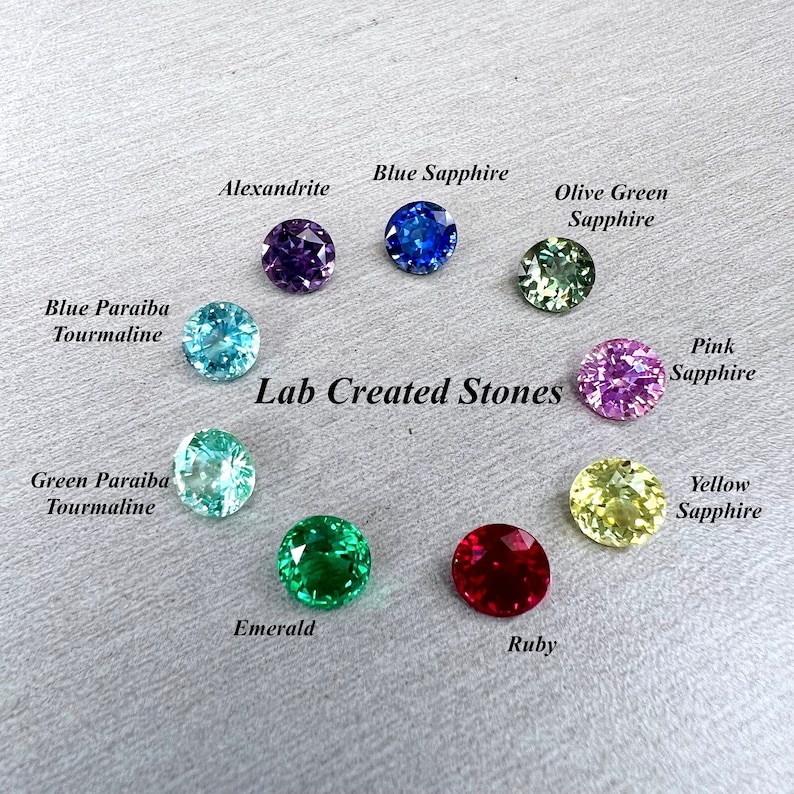 Puede incluir: Gemas creadas en laboratorio de varios colores, incluidos azul, verde, rosa, amarillo y rojo. Las piedras est&aacute;n dispuestas en un c&iacute;rculo con sus nombres escritos encima. El texto "Piedras creadas en laboratorio" est&aacute; escrito en el centro del c&iacute;rculo.