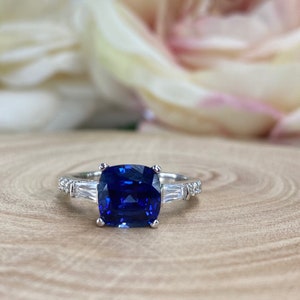 Blue Sapphire Ring Cushion Cut 14K White Gold For Women Blue Sapphire Engagement Ring, Cushion Cut Three Stone Sapphire Engagement Ring 6396