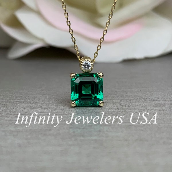 Asscher Cut Green Emerald Pendant Anniversary Gift , Emerald and Diamond Necklace For Ladies, Asscher Cut Emerald 14k Gold Necklace    #6338