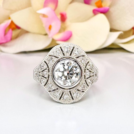 Vintage Lab Grown Diamond Cocktail Ring 14K Solid Gold , Antique