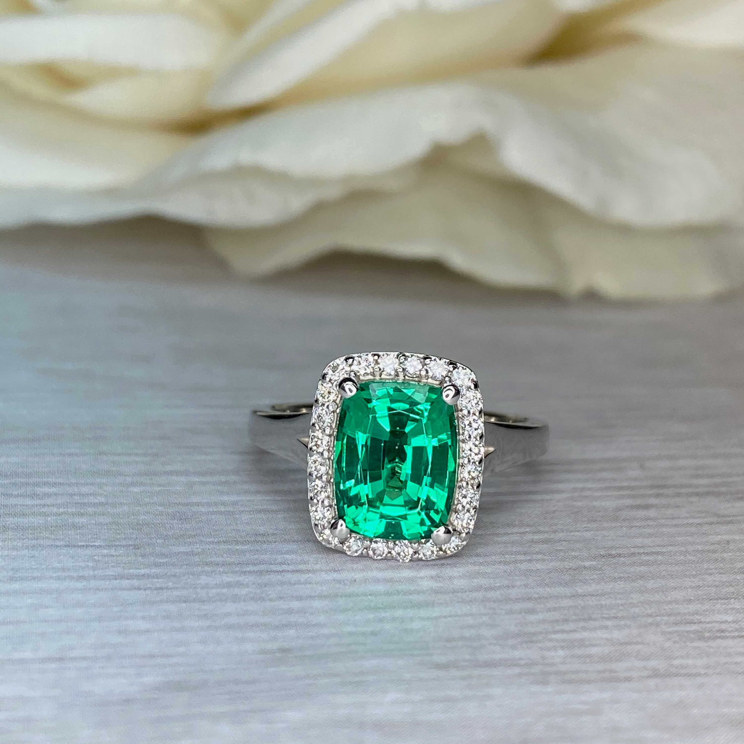 Elongated Emerald Cushion Cut and Diamond Halo Engagement | Etsy