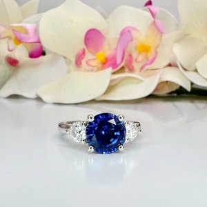 Round Blue Sapphire and Lab Grown Diamond Engagement Ring 14K Solid Gold , September Birthstone Gift Ring For Her, Blue Sapphire Ring  #8472