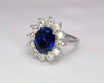 Bague Fiançailles Saphir Bleu Ovale 3.58 Ct - Or Jaune 14k - Moissanite - Personnalisable