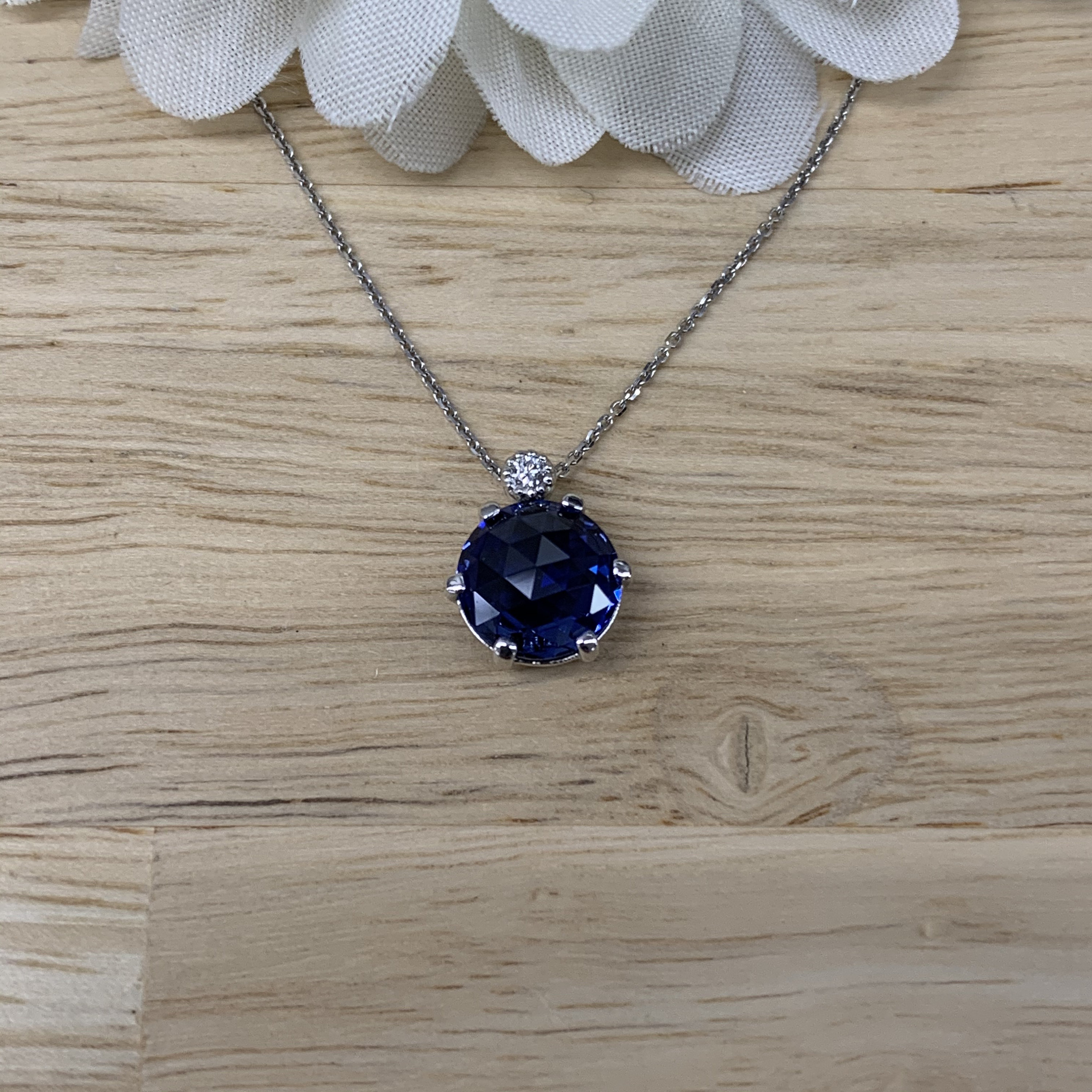 Blue Sapphire Rose Cut Necklace, Sapphire and Diamond Pendant