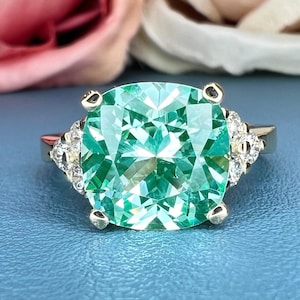 Paraiba Green Tourmaline Cushion Cut Engagement Ring , 14k Gold Cushion Cut and Round Diamond Cluster Ring , Round Moissanite Accents  #6525