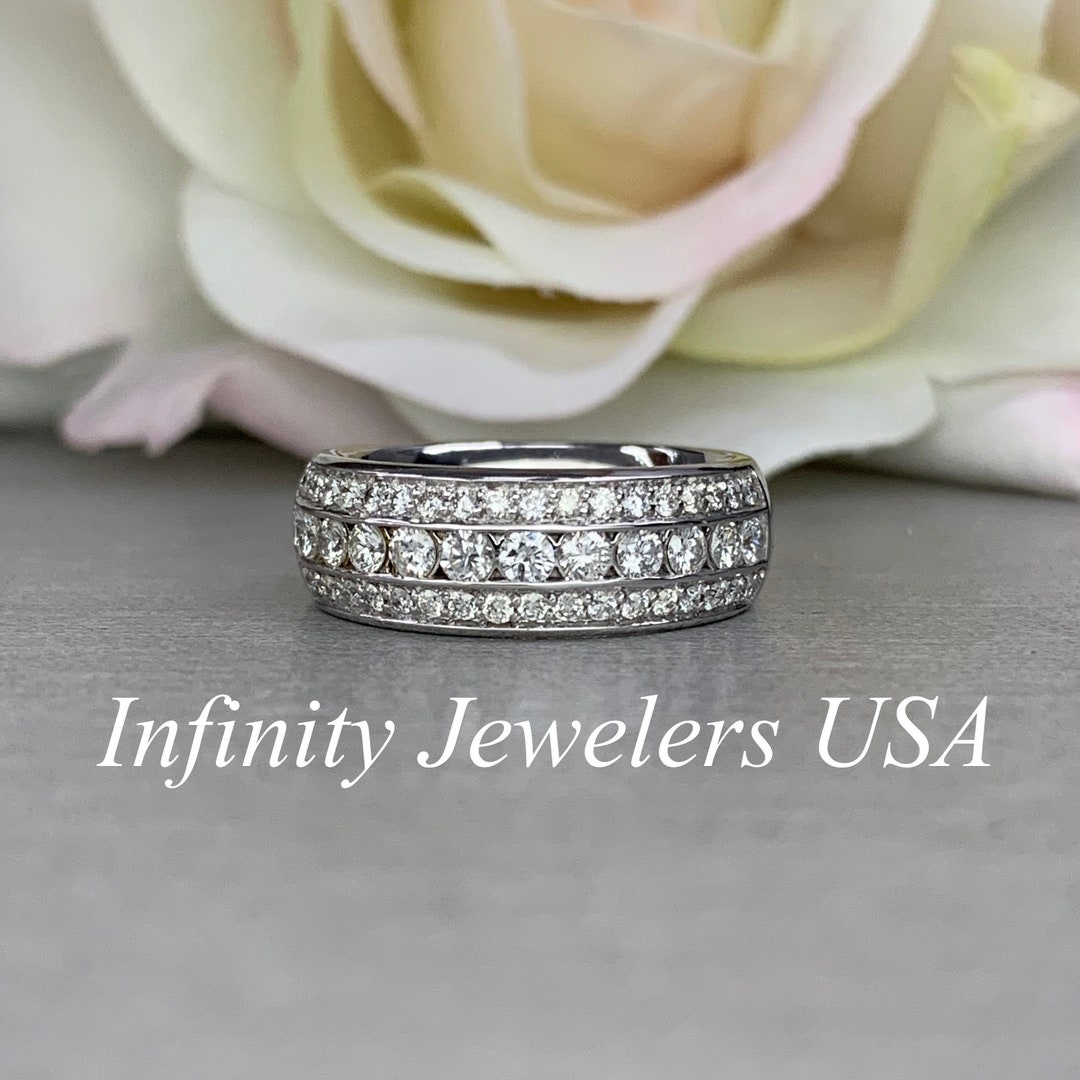 3 Row Ladies Diamond Wedding Band 14k White Gold, Stacking Diamond Ring ...
