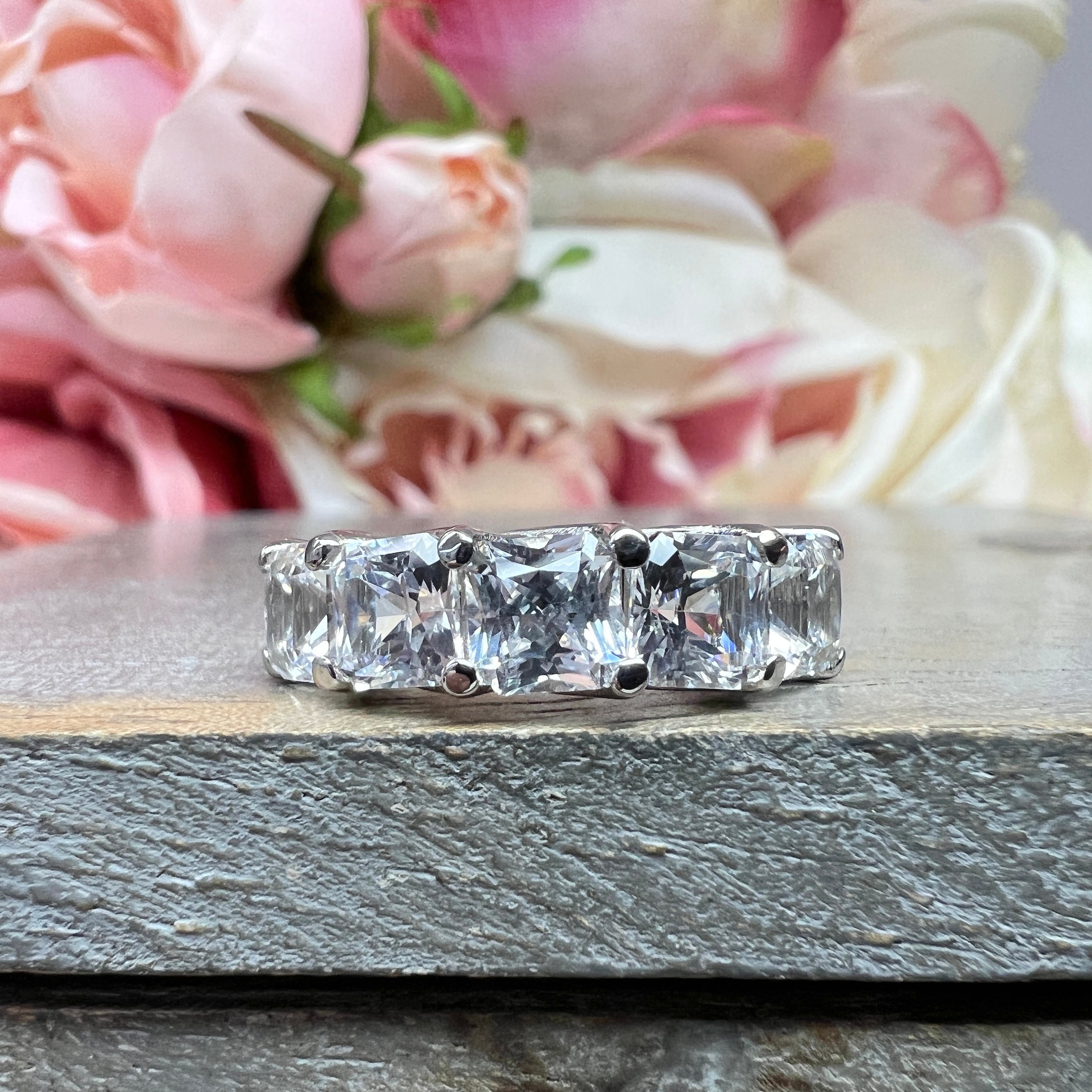 Radiant Cut White Sapphire Five Stone Anniversary Band, 14k White Gold Radiant Cut Ladies Wedding Ring, Five Stone Engagement Ring. #6005