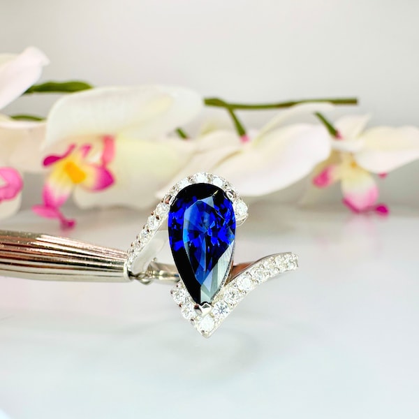 Pear blue sapphire engagement ring 14k solid gold, Unique September birthstone anniversary ring, something blue bridal jewelry handmade,