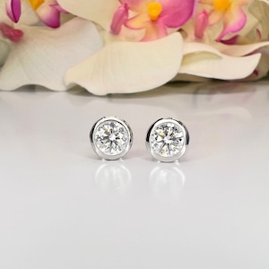 1.00 CTW Lab Grown Diamond Bezel Set Stud Earrings 14k Solid Gold , Lad Damond Studs Unisex , Push Back or Screw Back Diamond Studs ,  #8470