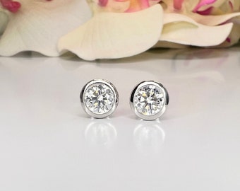 1.00 CTW Lab Grown Diamond Bezel Set Stud Earrings 14k Solid Gold , Lad Damond Studs Unisex , Push Back or Screw Back Diamond Studs ,  #8470