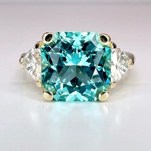 Paraiba Tourmaline Engagement Ring And Moissanite Accents 14K Yellow Gold, Radiant Cut Paraiba Tourmaline With Trillion Sides, #6927