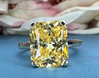 Canary Yellow Solitaire Engagement Ring, Radiant Cut Yellow Simulate Diamond Large Statement Ring, 14K Yellow Gold Radiant Cut Ring    #6636