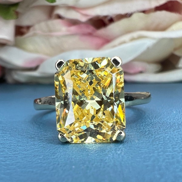 Canary Yellow Solitaire Engagement Ring, Radiant Cut Yellow Simulate Diamond Large Statement Ring, 14K Yellow Gold Radiant Cut Ring    #6636