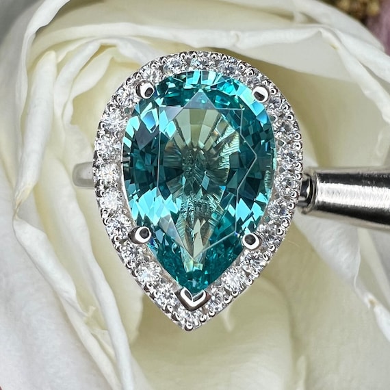 Paraiba Tourmaline Engagement Ring 14K White Gold Pear Shaped Halo Wedding Ring Pear Shaped Blue Tourmaline Moissanite Halo Ring 7971 Etsy