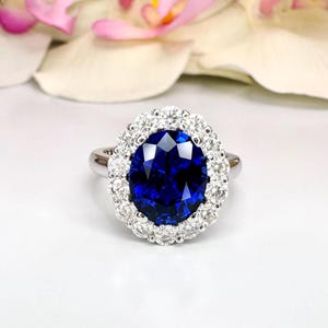 Oval Blue Sapphire Ring 14K Solid Gold , September Birthstone Ring , Oval Blue Sapphire and Moissanite Halo Engagement Ring Gift  Her  #7816