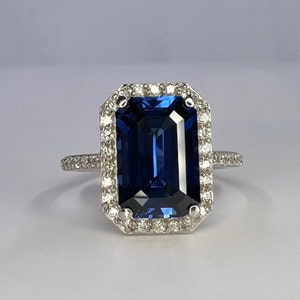 Elongated emerald cut rich blue sapphire, diamond halo, engagement ring 5.00ctw, 14k white gold #6058 #6804