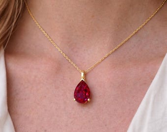 14K Gold Teardrop Ruby Necklace , Pear Shape Ruby Pendant , Teardrop Ruby Pendant Necklace with Chain  , July Birthstone Jewelry ,   #8821