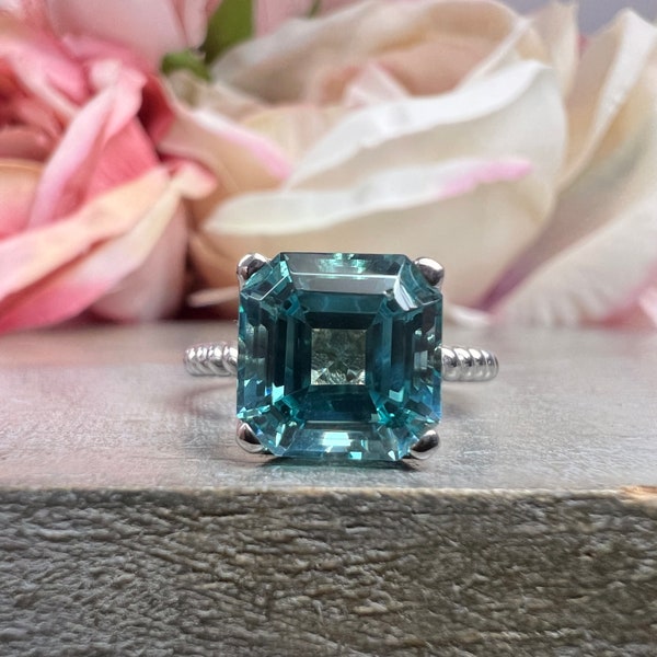 Neon Blue Asscher Cut Paraiba Tourmaline Engagement Ring White Gold Twist Band Solitaire Engagement Rings Unique Wedding Promise Ring  #6129