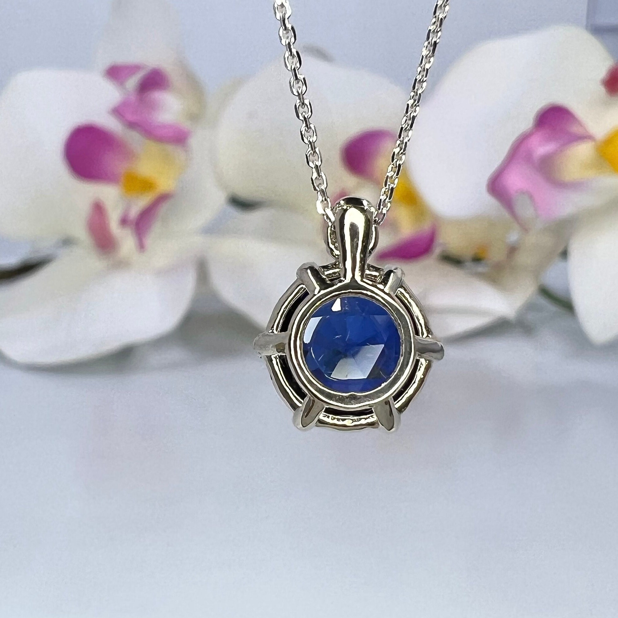 Blue Sapphire Rose Cut Necklace, Sapphire and Diamond Pendant