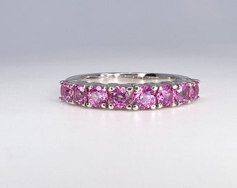 Round cut pink sapphire half eternity matching wedding band 14K solid gold, stacking pink sapphire bridal band, dainty wedding band, #8084