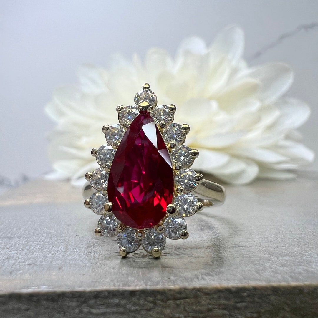 Buy Ruby Engagement Ring White Gold Elongated Pear Shaped Ruby Engagement  Ring Moissanite Halo Unique Vintage Wedding Promise Ruby Ring #7346 Online 