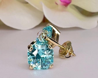 Aquamarine Earrings 14K Solid White Gold, Radiant Cut Dainty Aquamarine Stud Earrings Unisex, Square Blue Aquamarine CZ Stud Earring, #7191