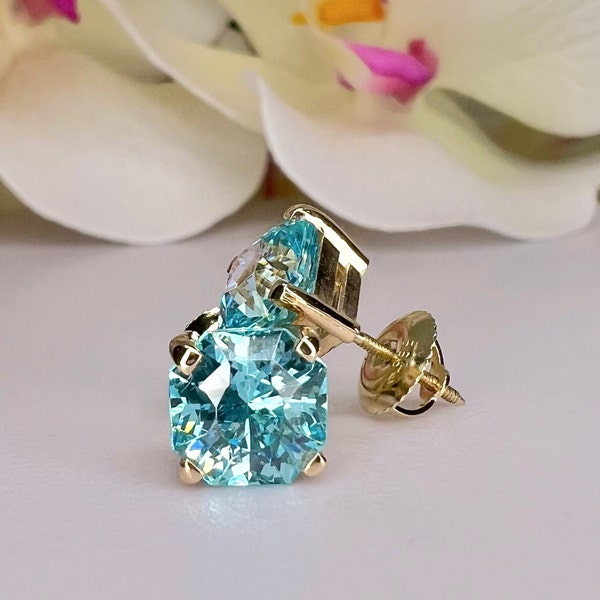 Aquamarine Earrings 14K Solid White Gold, Radiant Cut Dainty Aquamarine Stud Earrings Unisex, Square Blue Aquamarine CZ Stud Earring, #7191