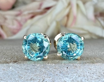 Neon Blue Paraiba Earrings / Round Ladies Earring / Ladies Stud Earrings / Gift Ideas For Her / Anniversary Gift / 14k White Gold /  #6134