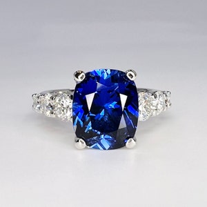 Elongated Cushion Cut Engagement Ring / Blue Sapphire Wedding Ring / Sapphire And Moissanite Ring / 14k White Gold / #6398